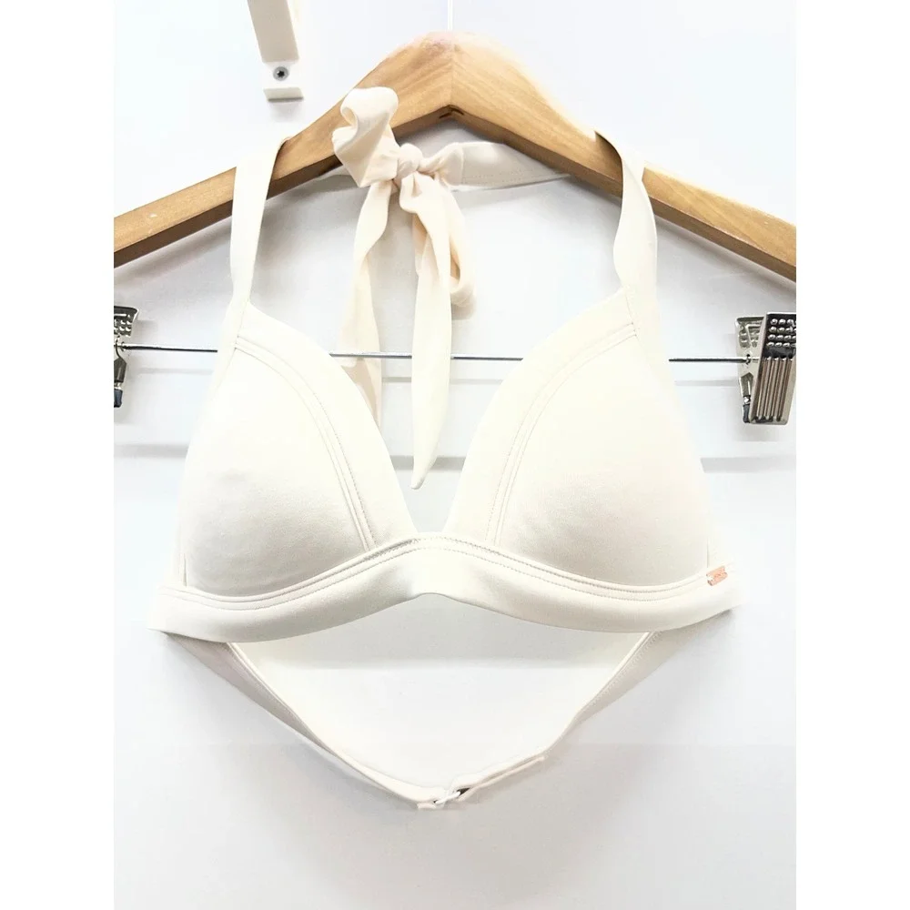 Victorias Secret PINK Cream Off White Halter Triangle Bikini Top Rose Gold Logo